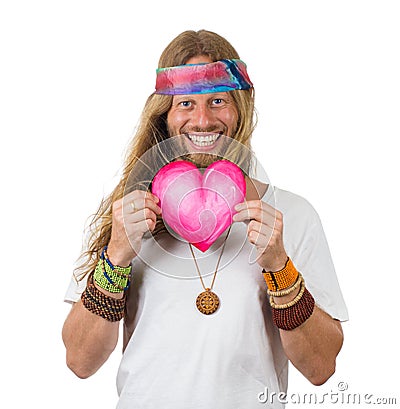 Happy handsome hippie holding a love heart Stock Photo