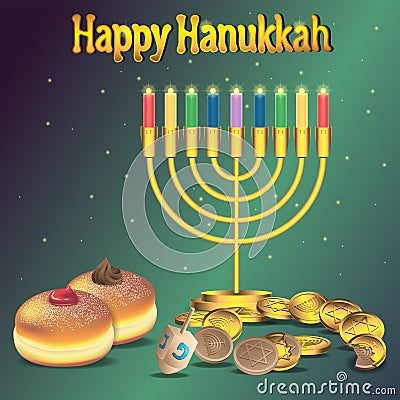 Happy Hanukkah background with menorah candy donut toy spinning top on an isolated background. Vector image Vector Illustration