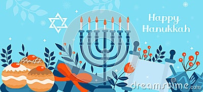 Happy Hanukkah banner, template for your design. Hanukkah is a Jewish holiday. Greeting Card with Menorah, Sufganiyot Vector Illustration