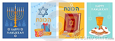 Happy Hanukkah cards. Holiday banners with traditional Judaic items. Religious Jewish symbols. Minor and Torah. Star of Vector Illustration