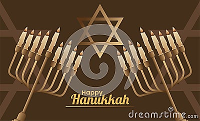 Happy hanukkah celebration with candelabrums and jewish star Vector Illustration