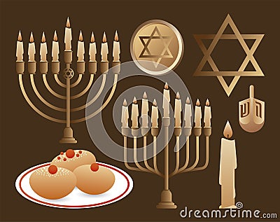 Happy hanukkah celebration with candelabrums and set icons Vector Illustration