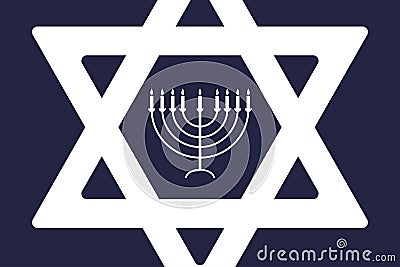 Happy Hanukkah - festive background with Star of David and menorah - traditional candlestick. Modern minimalistic Vector Illustration