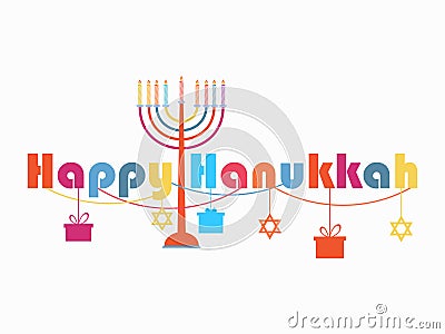 Happy Hanukkah greeting card. Candlestick with nine candles. Garland with hanging gifts. Vector Vector Illustration