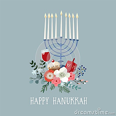 Happy Hanukkah greeting card, invitation with hand drawn candleholder, dreidle, donut and floral bouquet. Vector Vector Illustration