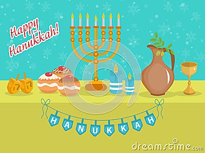 Happy Hanukkah greeting card, invitation, poster. Hanukkah Jewish Festival of Lights Vector Illustration