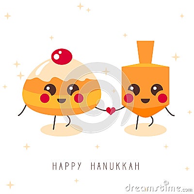 Happy Hanukkah! Greeting card for jewish holiday. Hanukkah donut sufganiyot, wooden dreidel spinning top, heart Vector Illustration