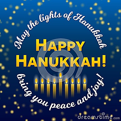 Happy Hanukkah greeting card, lights stars on dark starry night background. Vector Illustration