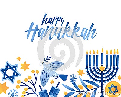 Happy hanukkah greeting card vector template. Jewish holiday celebration postcard design. Menorah candles, David star Vector Illustration