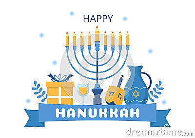 Happy Hanukkah Jewish holiday Template Hand Drawn Cartoon Flat Illustration with Menorah, Sufganiyot, Dreidel and Traditional Vector Illustration