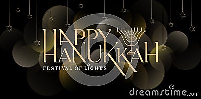 Happy Hanukkah lettering fonts golden color with isolated dark background, happy hanukkah illustration with candle light ornament Vector Illustration