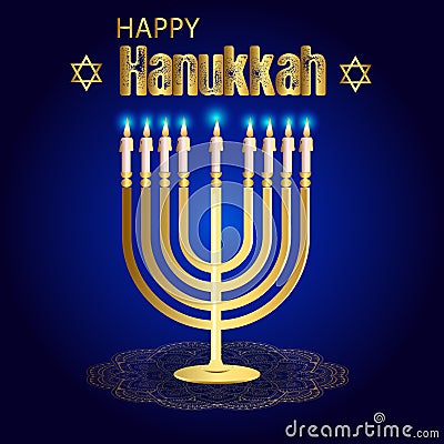 Happy Hanukkah lettering greeting card. Festive poster print typographical inscription. V Vector Illustration