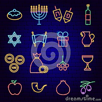Happy Hanukkah Neon Icons Vector Illustration