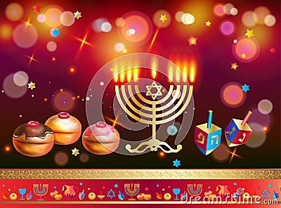 Happy Hanukkah Gold Menorah, Baked Donuts with Blueberry and Confetti Chocolate Glaze, wood dreidel Vector Illustration