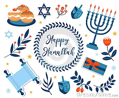 Happy hanukkah set. Collection of design elements for the Jewish holiday with menorah, torah, sufganiyot, bunting Vector Illustration