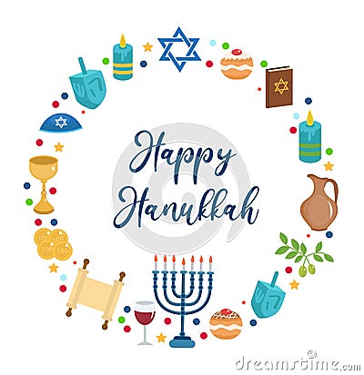 Happy Hanukkah set of icons in a round shape, greeting card. Template for your design. Jewish holidays. Vector Vector Illustration