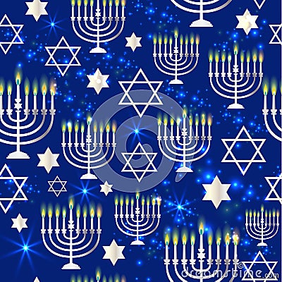 Happy Hanukkah Shining Background with Menorah, David Star and Bokeh Effect. Seamless pattern on dark Stock Photo