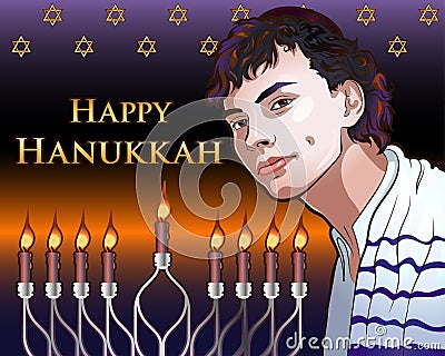 Happy Hanukkah Shining Illustration with Menorah, David Stars, Portrait of a Young Jew Stock Photo