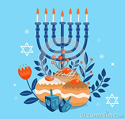 Happy Hanukkah template for your design. Greeting Card with Menorah, Sufganiyot, Dreidel. Vector illustration Vector Illustration