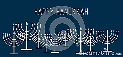 Happy Hanukkah text and repeat pattern of simple outline Hanukkah menorah with burning candles in white color blue Vector Illustration