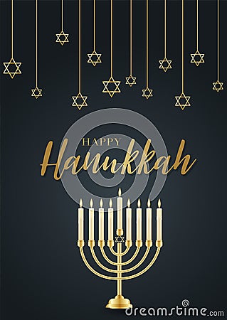 Happy Hanukkah. Traditional Jewish holiday. Chankkah banner, poster or flyer design concept, black luxury background. Judaic relig Vector Illustration