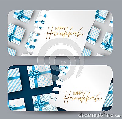 Happy Hanukkah. Traditional Jewish holiday. Chankkah banner, set with round corners. Judaic religion decor with golden lettering Vector Illustration
