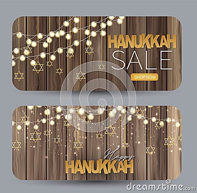 Happy Hanukkah. Traditional Jewish holiday. Chankkah banner, set with round corners. Judaic religion decor with golden lettering Vector Illustration