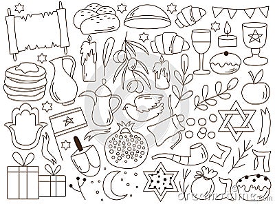 Happy Hanukkah traditional Jewish holiday doodle elements line style set vector illustration Vector Illustration