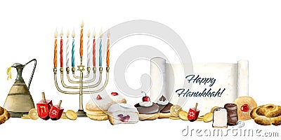 Happy Hanukkah watercolor seamless horizontal border with menorah with candles, traditional sufganiyot donuts, dreidels Stock Photo