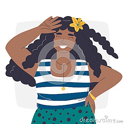 Happy hawaiian body positive woman flat portrait Vector Illustration