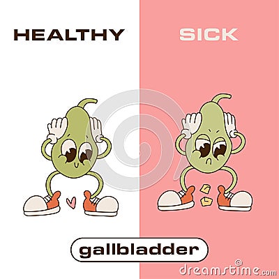 Happy healthy gallbladder vs sick sad gallbladder with stones. Retro cartoon Characters to illustrate the problem of Vector Illustration