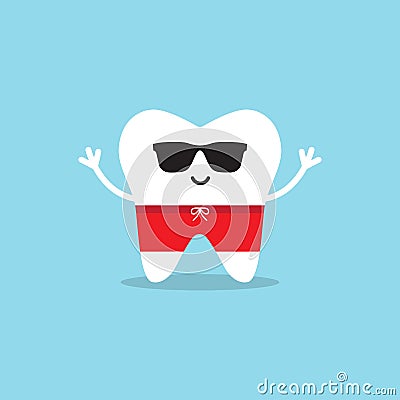 Happy healthy tooth in sunglasses and swimming trunks Vector Illustration