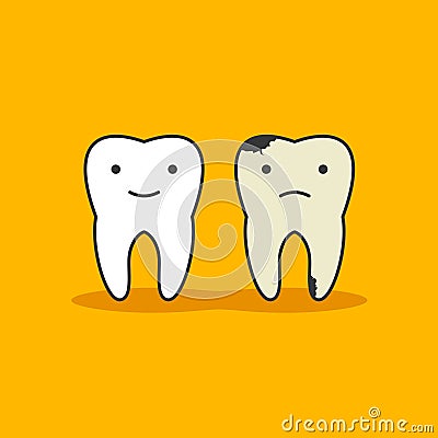 Happy healthy tooth and unhealthy bad tooth with face icon on background. Health, medical or doctor children Vector Illustration