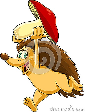 Happy Hedgehog Cartoon Character Running With Mushroom Vector Illustration