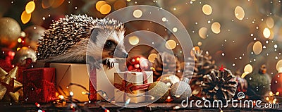 A happy hedgehog sitting atop a stack of Christmas gift boxes, with a backdrop of holiday ornaments Stock Photo