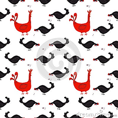 Happy hen cartoon character in different poses isolated. Hen and rooster vector flat illustration Vector Illustration