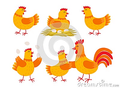 Happy hen cartoon character in different poses isolated on white background. Hen and rooster vector flat illustration Vector Illustration