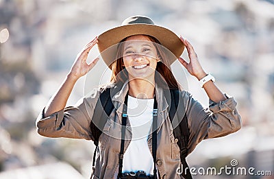 Happy hiking woman, portrait and adventure in summer, explore and backpack with excited smile, fitness. Explorer girl Stock Photo