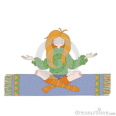 Happy hippie girl, bright colored handdrawn vector. Love and peace illustration. Meditation theme. Vector Illustration