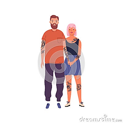 Happy hipster couple posing together holding hands vector flat illustration. Smiling stylish tattooed man and woman Vector Illustration