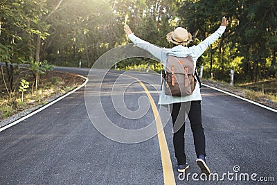 Happy hipster old women backpack traveling on the road relax time and holiday Stock Photo