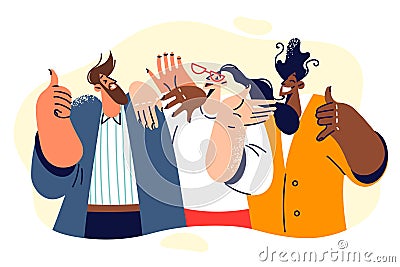 Happy hipsters people demonstrate positive gestures calling for development of multiethnic teams Vector Illustration