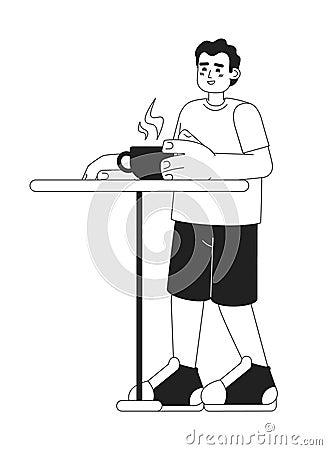 Happy hispanic man in cafeteria monochromatic flat vector character Vector Illustration