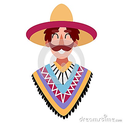 Happy Hispanic man with moustache, in sombrero and poncho vector illustration Vector Illustration