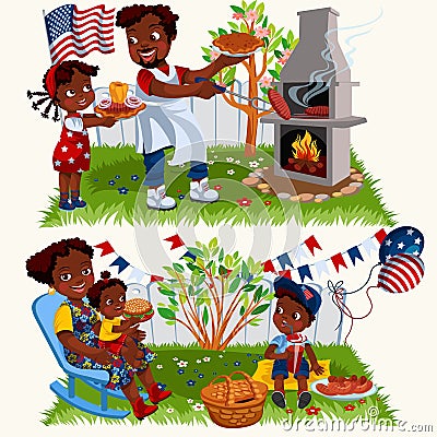 Happy hispanic mother father and kids enjoying bbq Vector Illustration