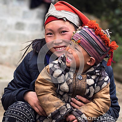 Happy Hmong Woman and Child, Sapa, Vietnam Stock Photo