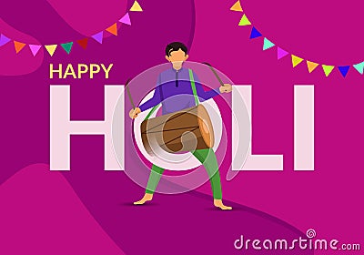 Happy holi abstract illustration with color splash explosion. Cartoon young man dancing with drum to celebrate the festival of col Cartoon Illustration