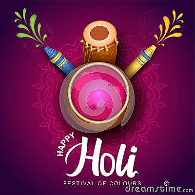 Happy Holi celebration background. Top view of color pot design decorated with water gun on patterned pink background. vector Vector Illustration