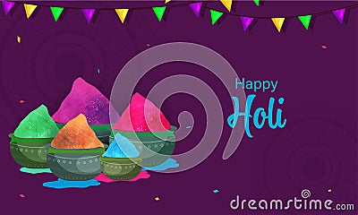 Happy Holi Celebration Banner Design with Clay Pots Full of Dry Colors and Bunting Flags Decorated on Purple Background Stock Photo