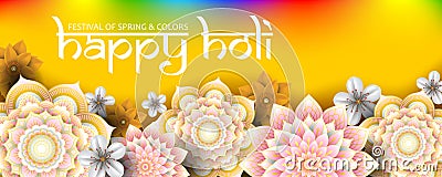 Happy Holi festival of spring and colors vector banner template with flowers and mandalas on rainbow background Vector Illustration